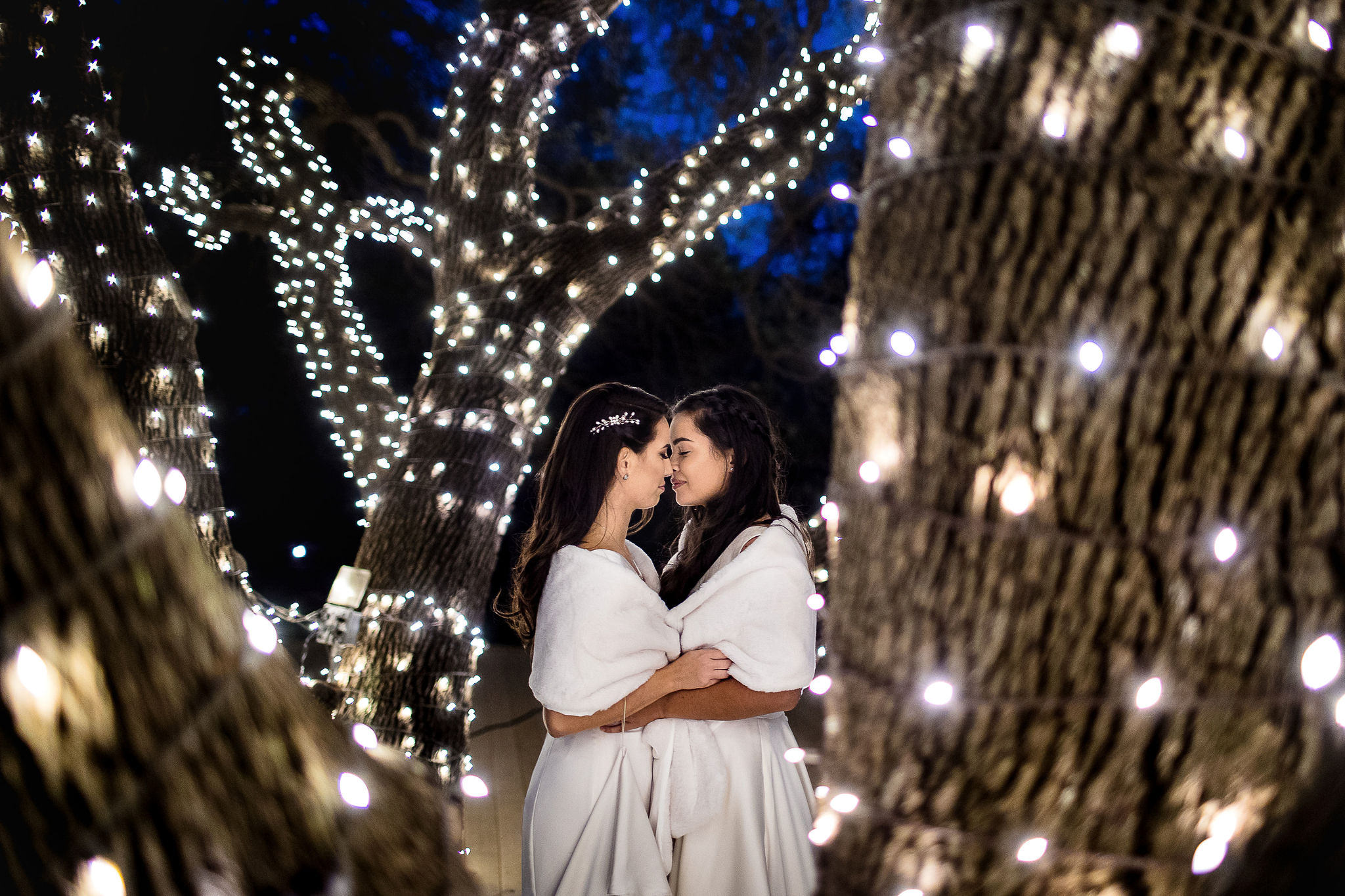 two brides wearing dresses hold each other close under a tree with christmas lights